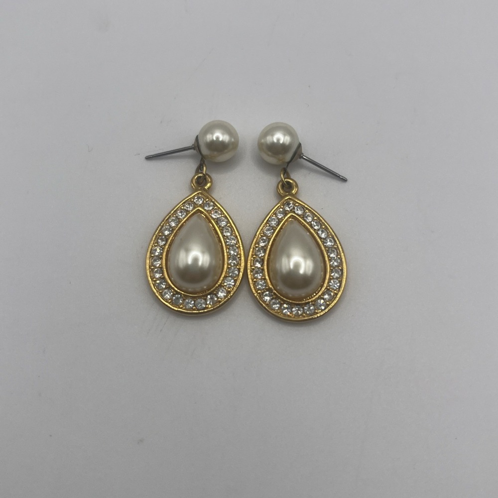 Vintage NAPIER Rhinestone & Faux Pearl Dangle Drop Gold Tone Post Earrings